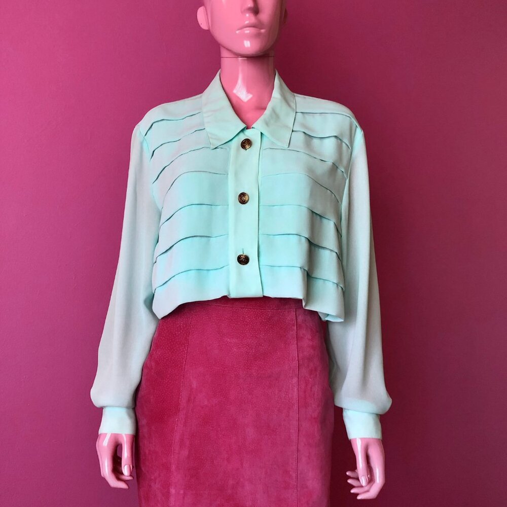 Vintage 80s M/L Chiffon Blouse Aqua Pastel Bill Blass Pleat Gold Button Down Top